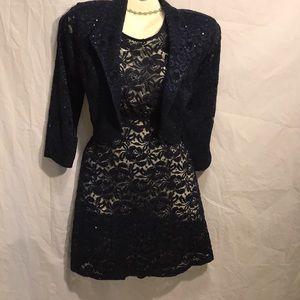 Sheer lace Dark blue 2 piece dress n jacket